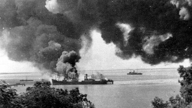 The SS Barossa burns after being bombed by the Japanese.  Photo: Fairfax Archives
