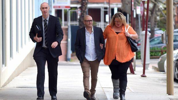 Tony Chetcuti (middle) leaving court in Wangaratta in September 2016 after Cardamone was charged.  Photo: Mark Jesser