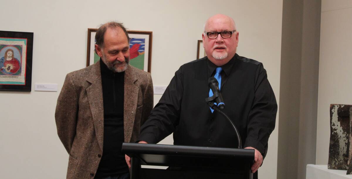 Cowra Art Gallery Director Brian Langer with artist Stephen Copland at the opening of exhibitions "Dream of Ghosts" and "Behind the Wire". 
