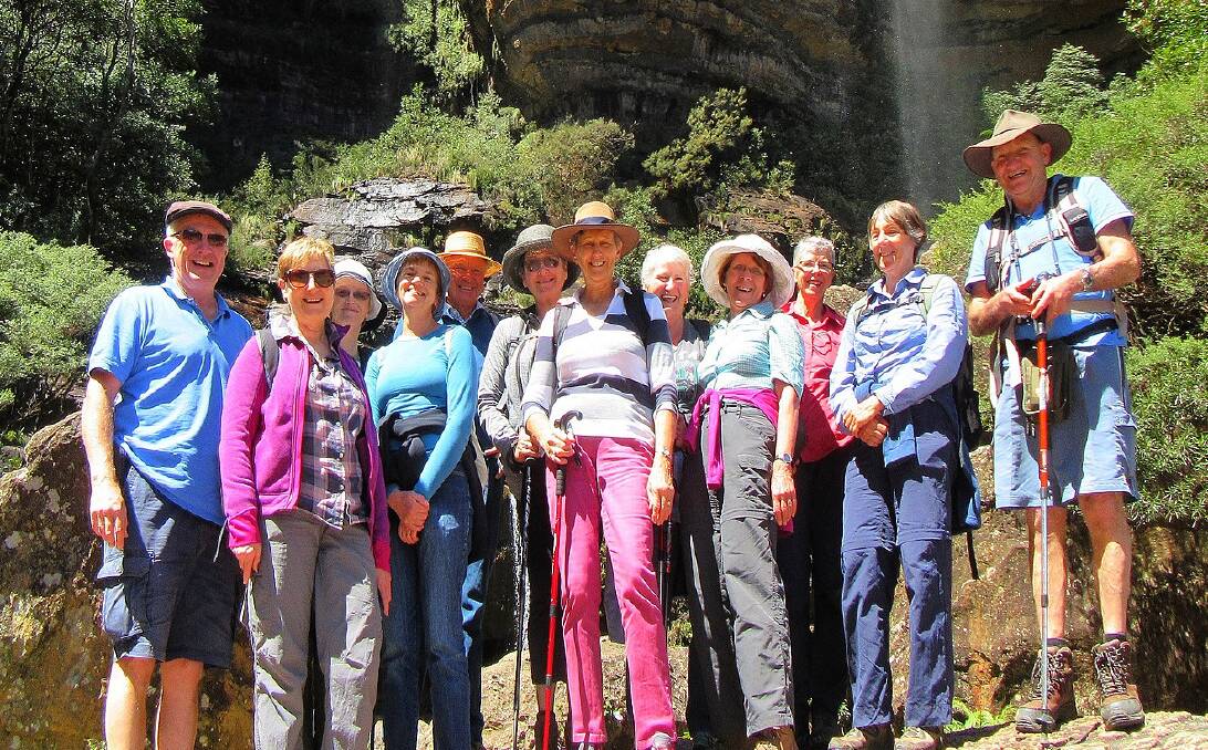 The Upper Lachlan Bushwalkers at Wentworth Falls - Terry, Di, Jan, Anne, Ian, Wendy, Sharon, Greg, Geoff and Yvonne (absent Lesley Doug). 
