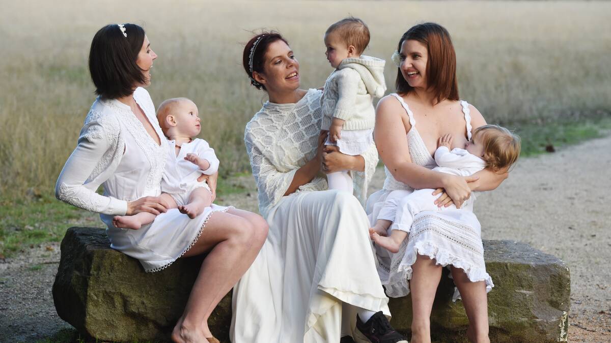 Breaking taboo: Emily Roffe-Silvester with Daisy, 11 months, Miranda Fullerton with Inara, 18 months, and Sandy Tai with Lillian, 18 months. Picture: Kate Healy.