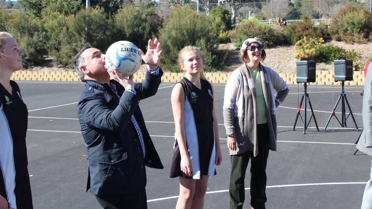 Deputy Premier John Barilaro shows off his shooting skill at the opening of the upgraded Cowra Netball Courts.