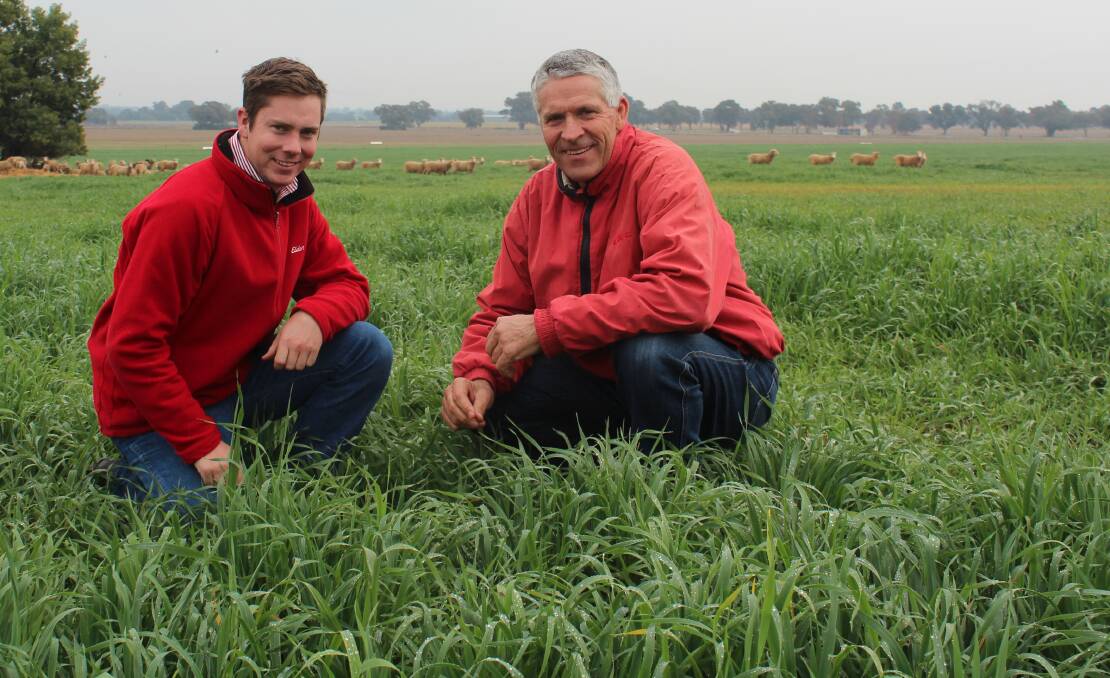 Apprentice agronomist Mitch Dwyer and agronomist Peter Watt discussing cropping in Cowra on a rare wet day during June.