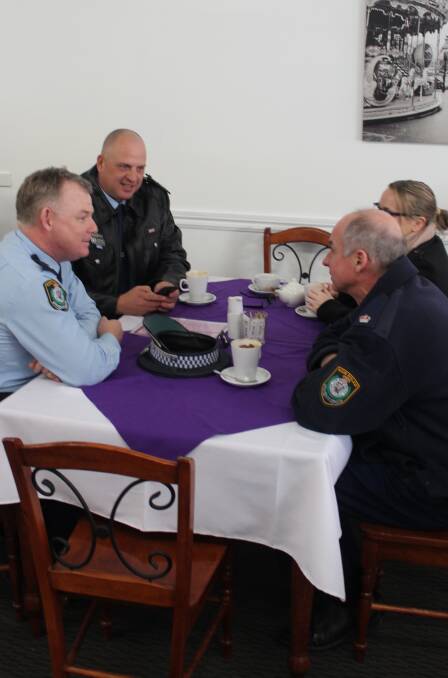 Inspector Adam Beard,Superintendent Shane Cribb and the Canobolas LAC management team at Coffee with a Cop.