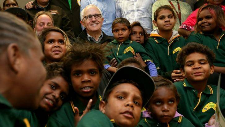 Malcolm Turnbull with students during a visit to the Yalata Anangu School in South Australia. Photo: Alex Ellinghausen