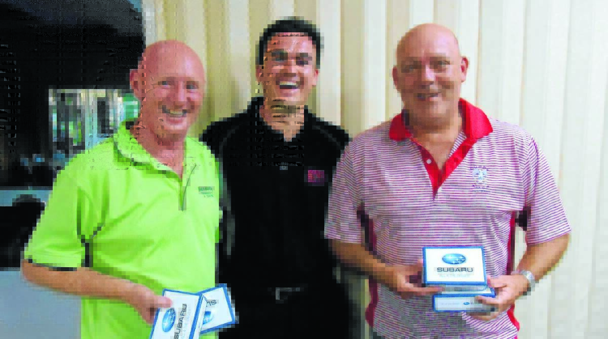 Saturday ambrose winners Kak Smith and Jim McNaught with the sponsor, Simon Davis from Cowra Motors (centre).