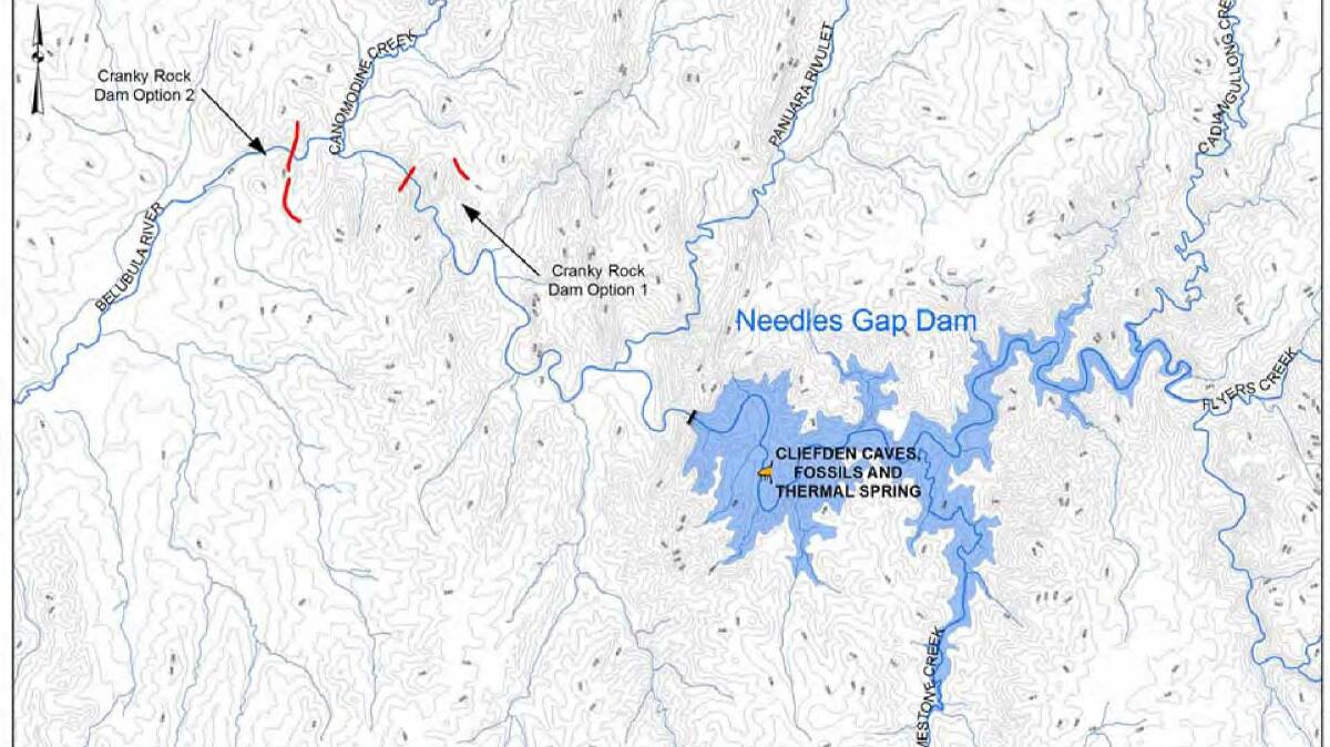 The two potential dam sites at Cranky Rock in relation to the Cliefden Caves.