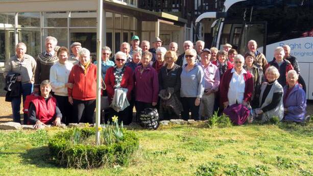 Thirty eight Cowra Mens Probus Club members and wives pose for a photo during their recent six day trip to Bright, Victoria. Photo supplied.
