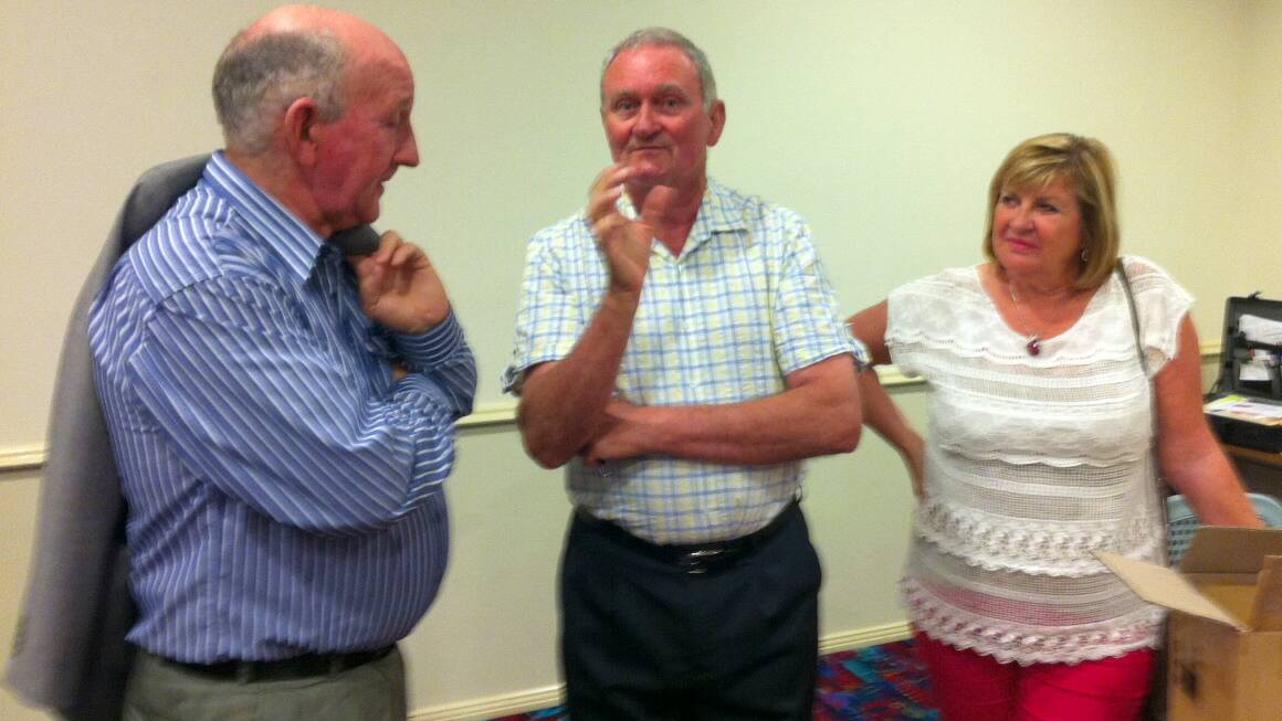 Ray Walsh, himself a returned serviceman, speaking to Bernard Clancy and his wife Kristie after Bernard talk to the Rotary meeting. Photo supplied.