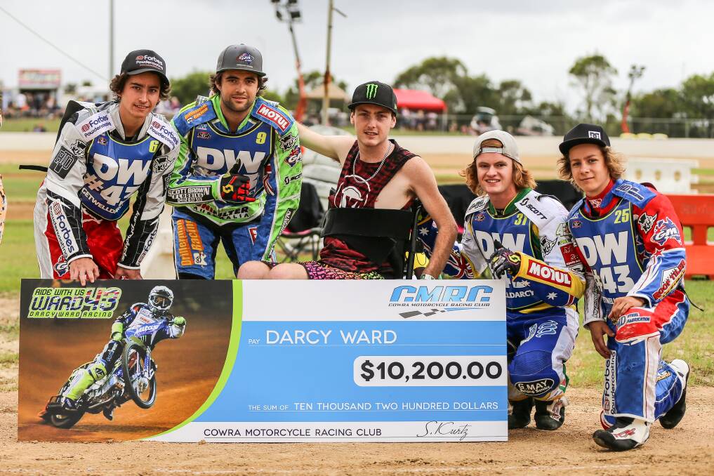 Cowra Motorcycle Racing Club members (left to right): Zach Cook, Todd Kurtz, Darcy Ward, Brady Kurtz and Ben Cook presenting Darcy with a cheque for $10,200 raised by CMRC to assist Darcy in his rehabilitation.