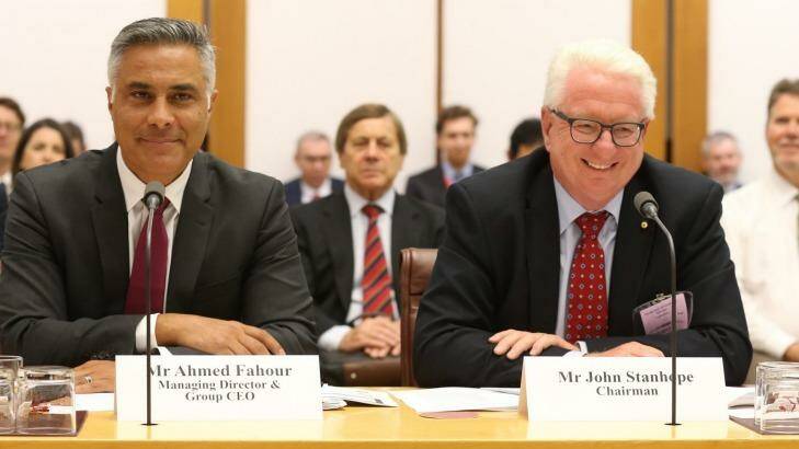 Ahmed Fahour – outgoing chief executive of Australia Post – and chairman John Stanhope appeared before Senate estimates at Parliament House in Canberra.  Photo: Andrew Meares