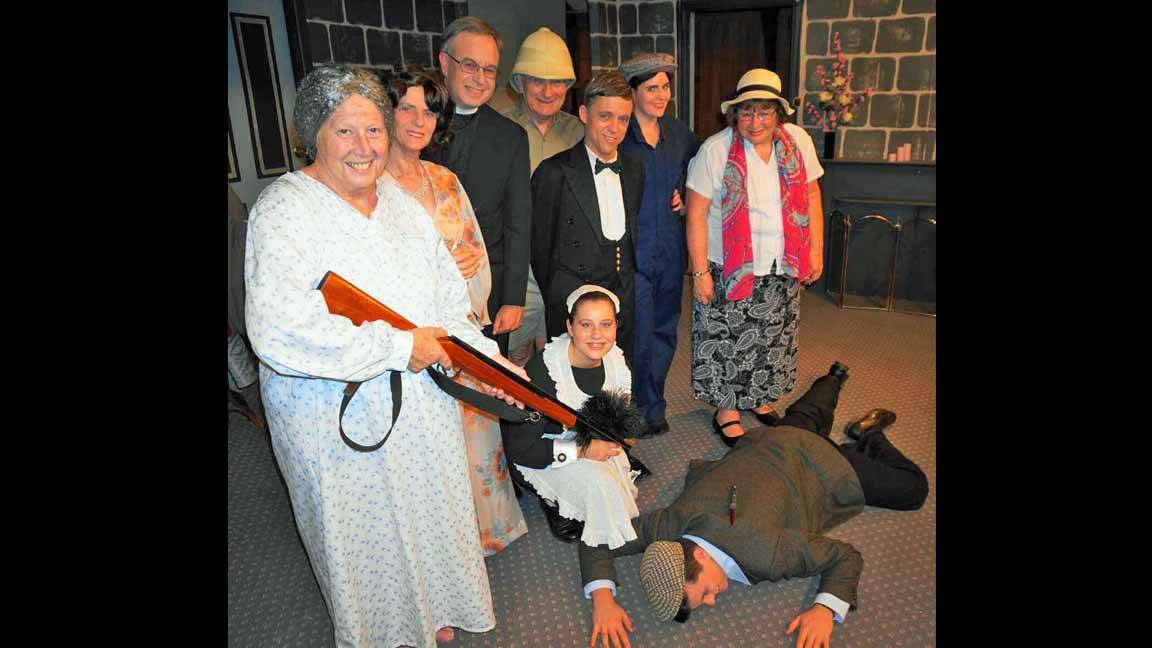 Canberra Area Theatre award nominee Craig Drayton (CENTRE) as Jenkins in the Cowra Musical and Dramatic Society production of 'The Butler Did It' at Billimari Hall.