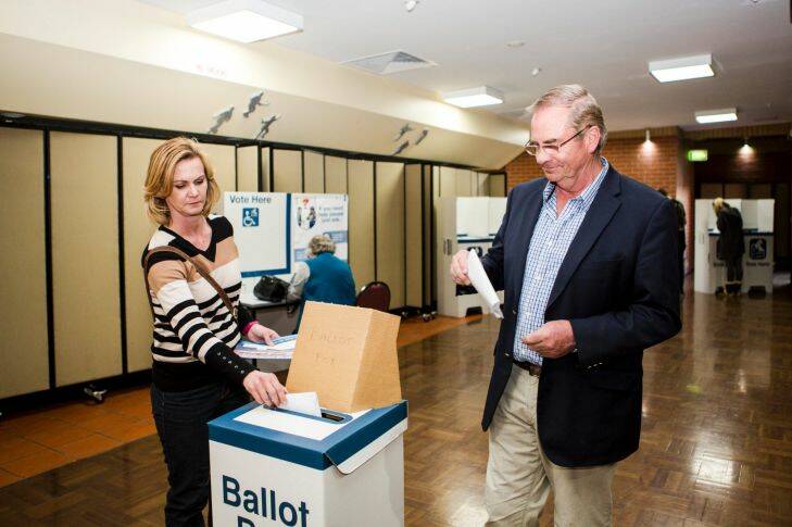The Queanbeyan-Palerang election.
Queanbeyan-Palerang Regional Council administrator Tim Overall, and his wife Nicole submit their vote.