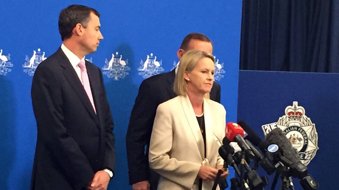 Young-based senatorFiona Nash announcing the ice taskforceon Wednesday with Minister forJustice Michael Keenan and PrimeMinister Tony Abbott. Photo: supplied.