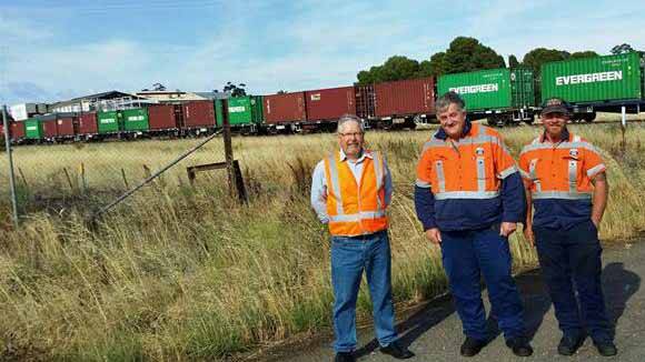 Mike Foster General Manager Cowra Rail Company, Paul Stapleton General Manager Sydney Rail Services (SRS), and Brad Taylor (train driver SRS). Photo SUPPLIED.