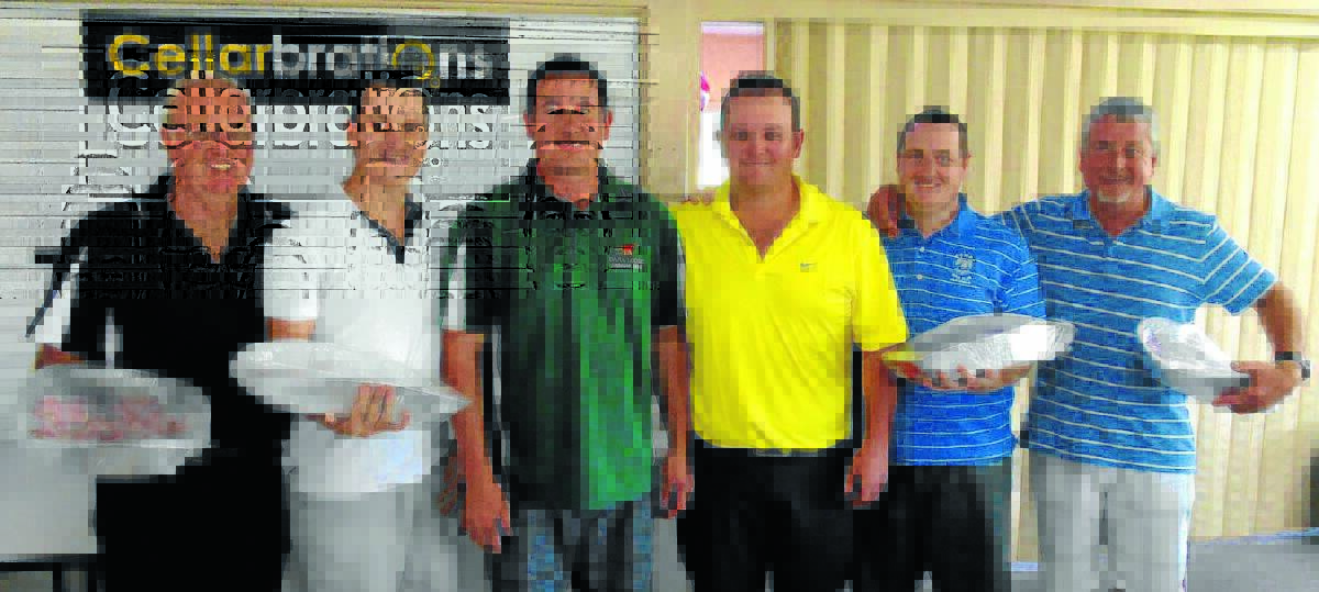 "Runners-Up": (left to right) Peter Garlick & Matthew Steward receiving their prizes from sponsors Jono Gee & Wayne Rue, along with Dean Steward and Greg Steward after finishing runners-up in the 4-Man Ambrose.