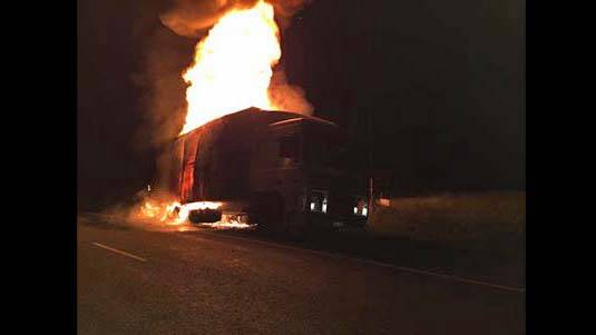 At around 10.30pm the driver pulled over after realising a section of the truck was on fire, about 15 kilometres north of Cowra.