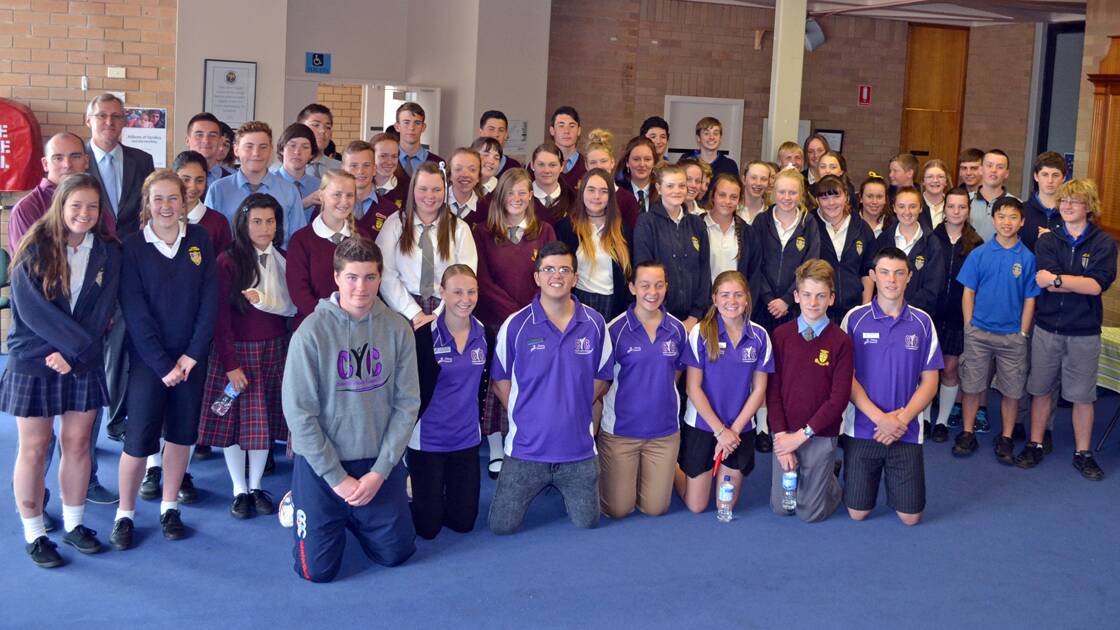 Bede Carmody and Thomas Albrecht with students from Cowra High School and St Raphael's Catholic School.