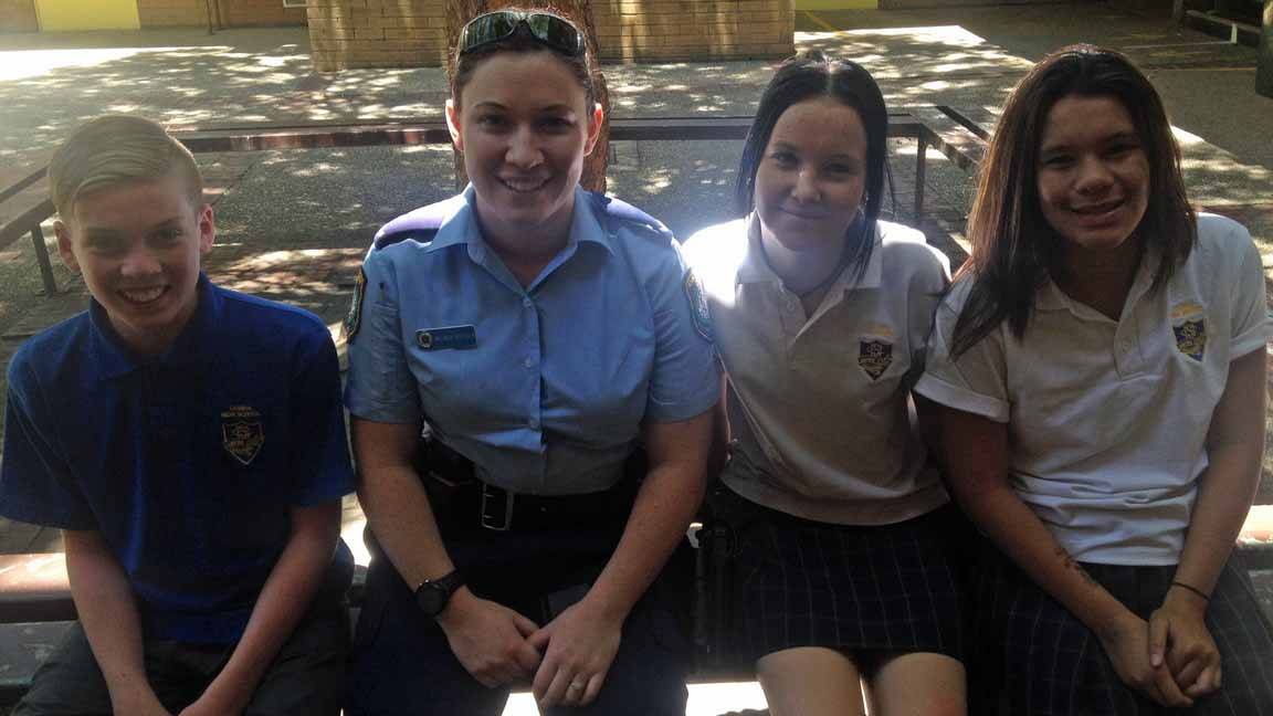 Patrick Ryan, Canobolas LAC school liaison officer Constable Belinda Bastock, Kyra Regan and Jade Teweehi.
