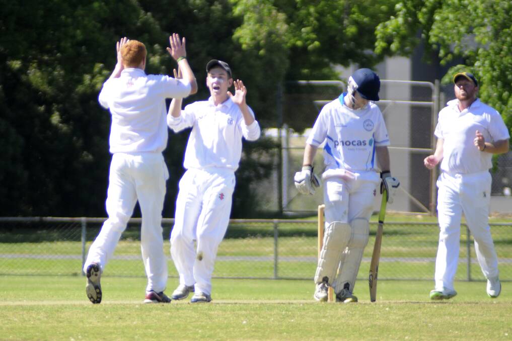 Morongla's Jacob McNaught and Conor Crook, pictured celebrating the wicket of Orange batsman Max Dodds last Sunday, will both play key roles for Cowra this weekend. Photo by Jude Keogh