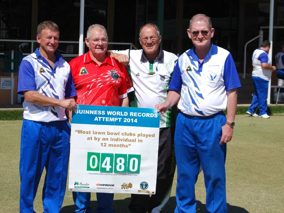 Cowra Bowling Club President Russell Nobes, Ian Nelson, Frank Peniguel and Terry Peterswald after the 480th match of Mr Peniguel's Guinness World Record attempt.