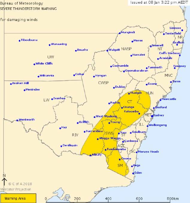 The warning area as issued by the Bureau of Meteorology at 3.22pm on Monday.