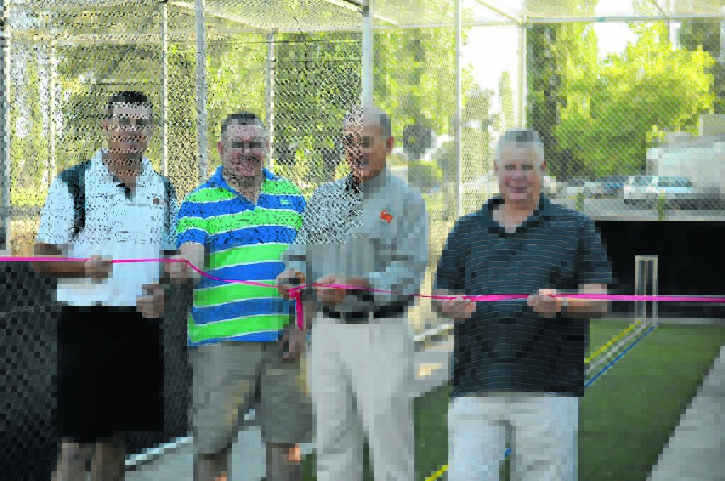 Terry Johns (Cowra Junior Cricket Association president), Greg Nicholls (Cowra District Cricket Association president), Mayor Bill West and Gary Bryant (Cowra Sports Council chairman) officially open the pracice cricket nets extension at River Park last week.