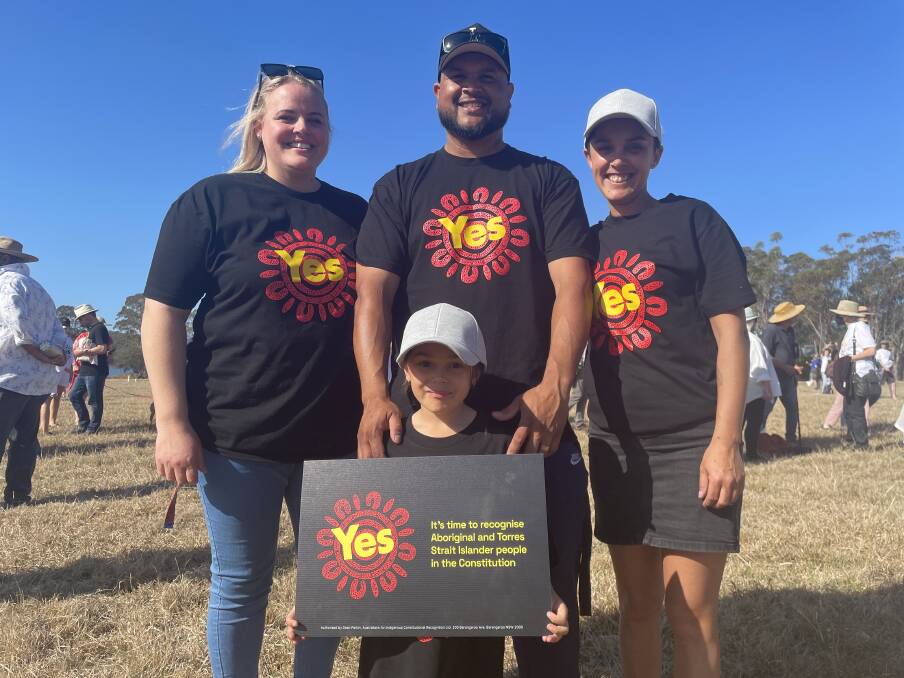 Alison Simpson (left) with her husband Neville, Stacy Muscat and her daughter Jorja (holding the sign) at the Walk for Yes event at Jigamy on September 17, 2023. Picture by Amandine Ahrens