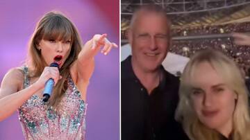 Taylor Swift's father Scott pictured in a video with actress Rebel Wilson (right) at an Eras Tour concert in Sydney. Pictures by AAP Image/Joel Carrett & Instagram/@rebelwilson