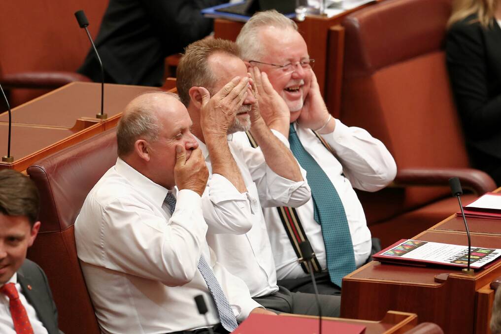 MONKEY BUSINESS: John Williams, Nigel Scullion and Barry O'Sullivan have some fun in the Senate with their best monkey impressions.