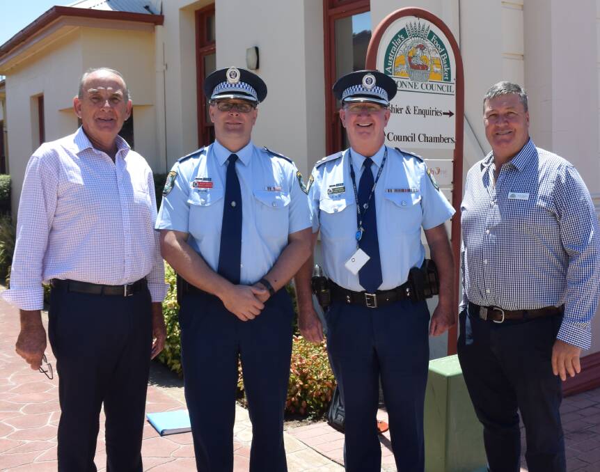 Cowra mayor Bill West, Canobolas Local Area Command crime manager Detective Inspector Bruce Grassick and Superintendent Chris Taylor, and Cabonne mayor Kevin Beatty.