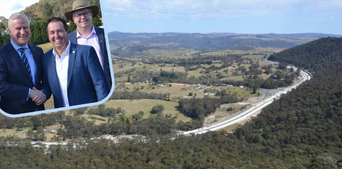 UPGRADE: The Great Western Highway seen from Hassans Walls and (inset) then acting PM Michael McCormack, Bathurst MP Paul Toole and Alistair Lunn, Transport for NSW, at an update on the highway plans last year.