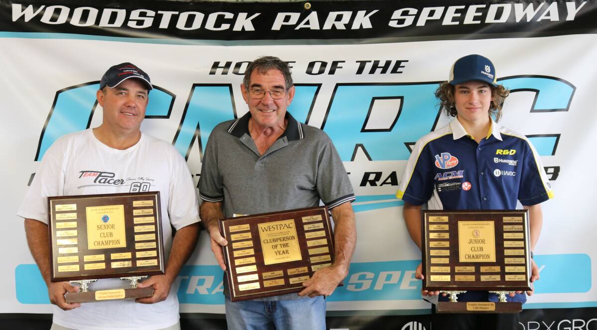Major winners Angus Maslin (Senior Club Champion), Barry Hodder (Club Person of the Year) and Michael West (Junior Club Champion) at this year's Cowra Motorcycle Racing Club annual presentation awards. Photo courtesy of Belinda Henry.