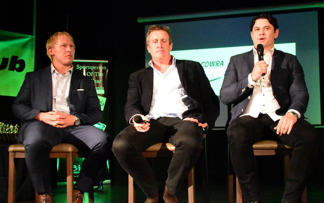 Former Wallabies Beau Robinson, Bill Young and Jeremy Paul were the special guests at this year's Cowra Sportsperson of the Year awards. Photo: Ben Rodin