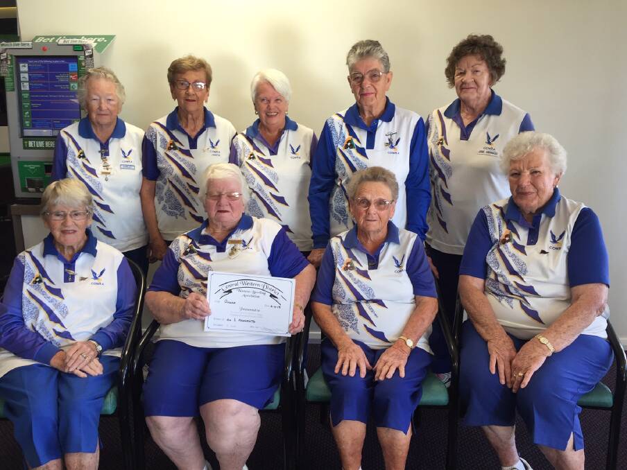 Lady bowlers who participated in the number one pennant regional Pennants play offs at Dubbo: J Day, J Bailey, J Saurine, J Kiernicki, L Burns, A Castelli, S Muir, R Oliver and S Flint (manager). Photo supplied by Cowra Women's Bowls. 