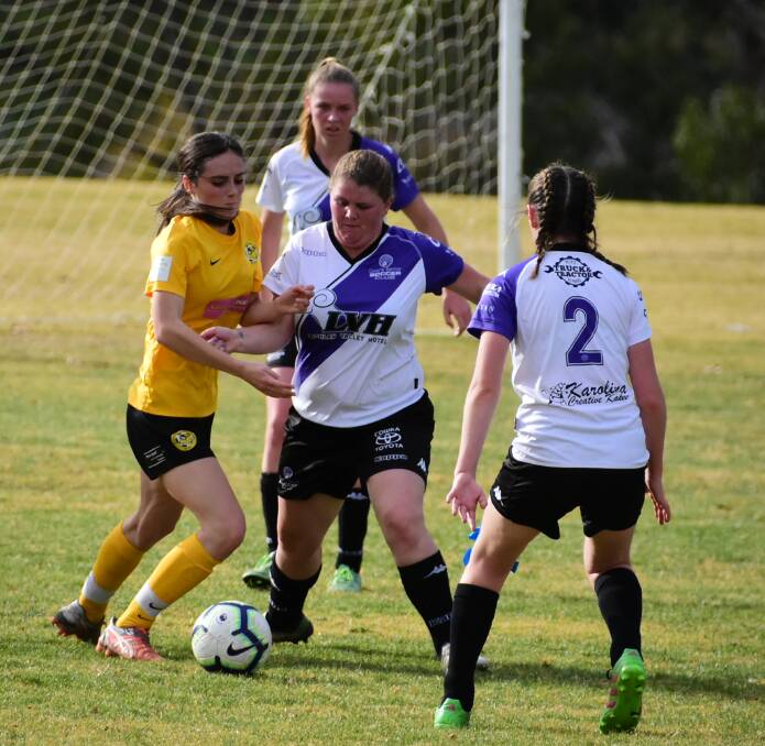 It was a tough day at the office for the Cowra Eagles in the Bathurst District Football's Women's Premier League. Photo: Ben Rodin