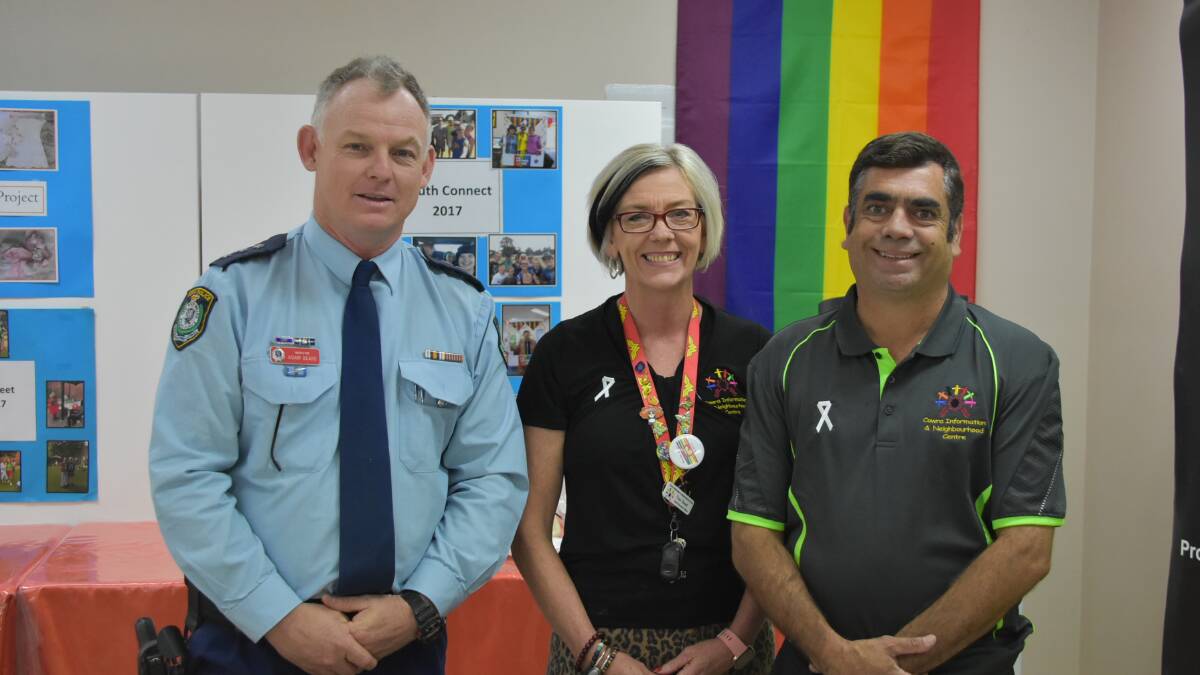 Inspector Adam Beard with CINC's CEO Fran Stead and Aboriginal Community Engagement Officer Harry Williams ahead of June's PACC meeting. Photo: Ben Rodin
