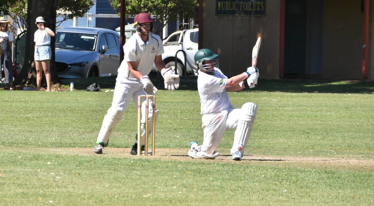 Peter Guthrie (39) goes for a shot in Cowra's loss on Sunday afternoon. Photo: Ben Rodin