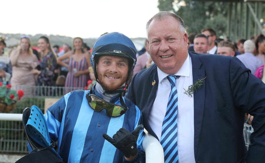 Turcotte's jockey, Jake Pracey-Holmes, with owner and local Cowra insurer Danny Gregory after winning the 1400m Class 4 Bathurst Soldier's Saddle on ANZAC Day. Photo: Phil Blatch