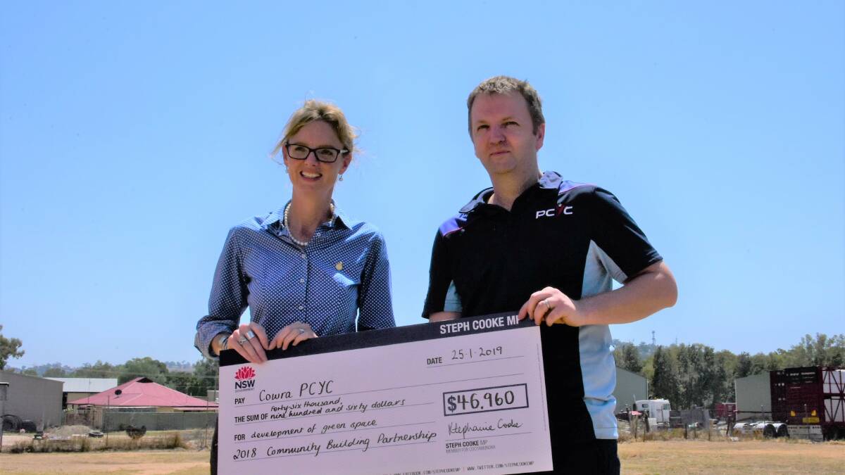 Local member Steph Cooke, presented PCYC Cowra's manager, Stewart Mead, with a cheque to support new site works at their Young Road centre.