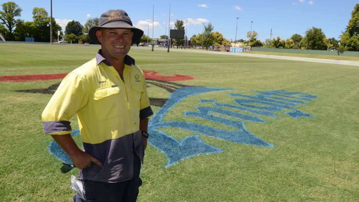 ARTIST: Bruce Cousins stands beside his Newcastle Knights logo masterpiece ahead the NRL trial at Wade Park in 2016. Photo: JUDE KEOGH 0219logos1