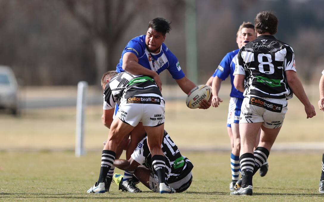 BAM: St Pat's forward Brendon Tago was strong for the blue and whites in a tough loss to minor premiership hopefuls Cowra on Sunday. Photo: PHIL BLATCH