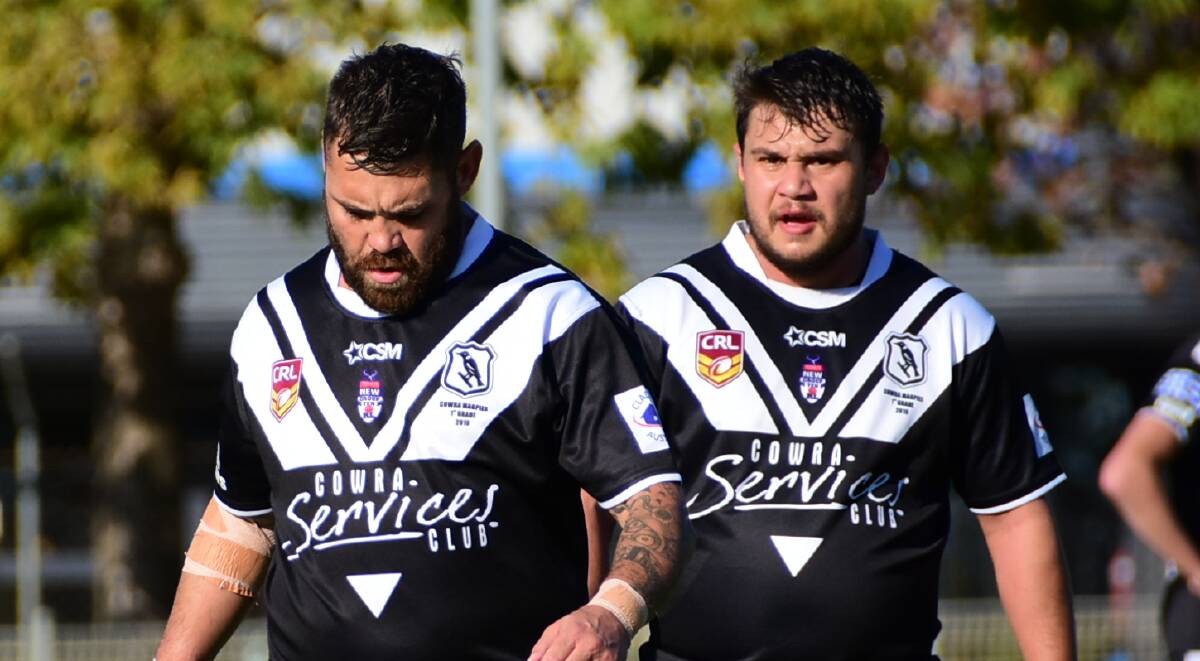 OUT: Cowra backrower Matt Naden (left), pictured alongside half Joey Bugg, will sit out the Magpies' next two games after copping a two-week suspension. Photo: BEN RODIN