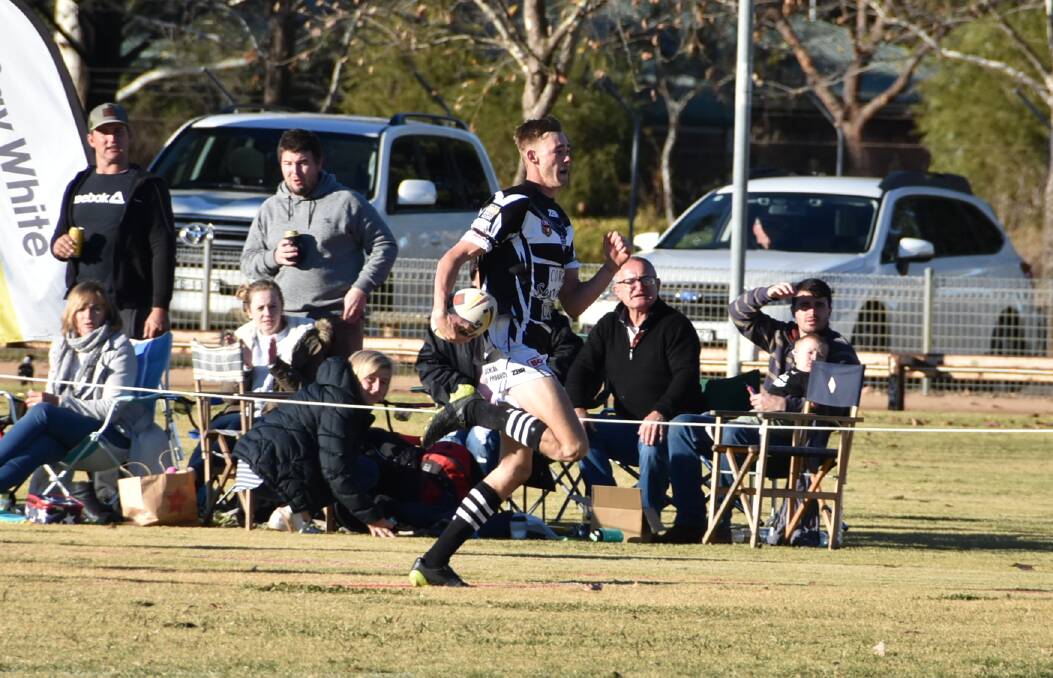 ON THE FLY: Cowra Magpies centre Bradyn Cassidy in the clear, the speedy three-quarter is on top of the Group 10 try-scorer standings. 