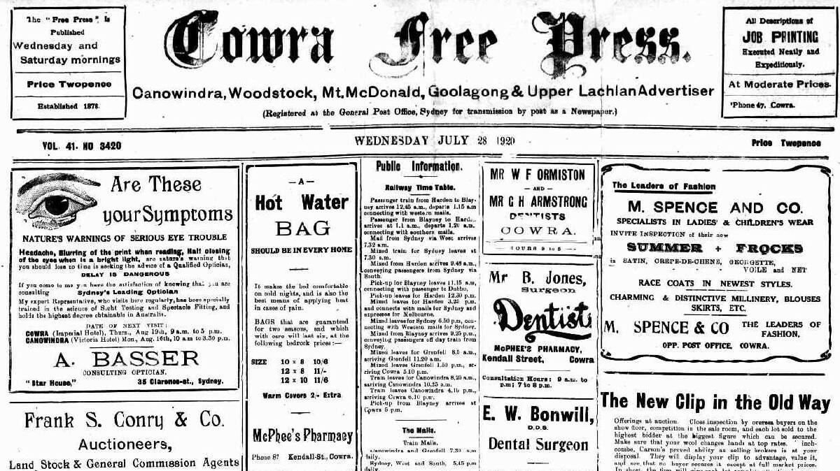 A section of the front page of the Cowra Free Press on July 28, 1920.