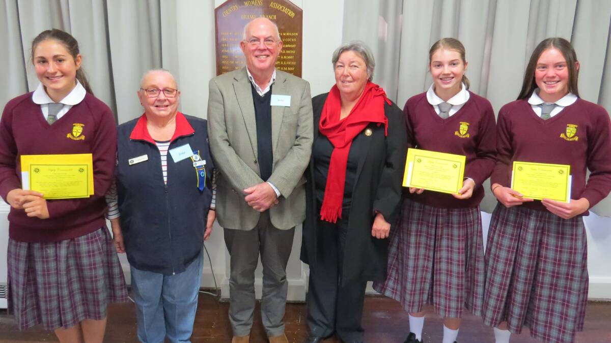  St Raphaels Catholic School students were recently all Highly Commended in the Central Western Group CWA Public Speaking Competition for Years 9 &10 - Caroline Cuda, Poppy Starr & Kaitlyn Rutledge, pictured with the judges Cheryl McAlister (Cowra), David Somervaille (Blayney) & Jenny Watts (Cudal).