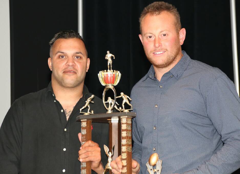Jeremy Gordon and Josh Rainbow. Josh took out the Cowra Magpies player of the year title at this year's Magpies presentation night. Photo by John Pangas.