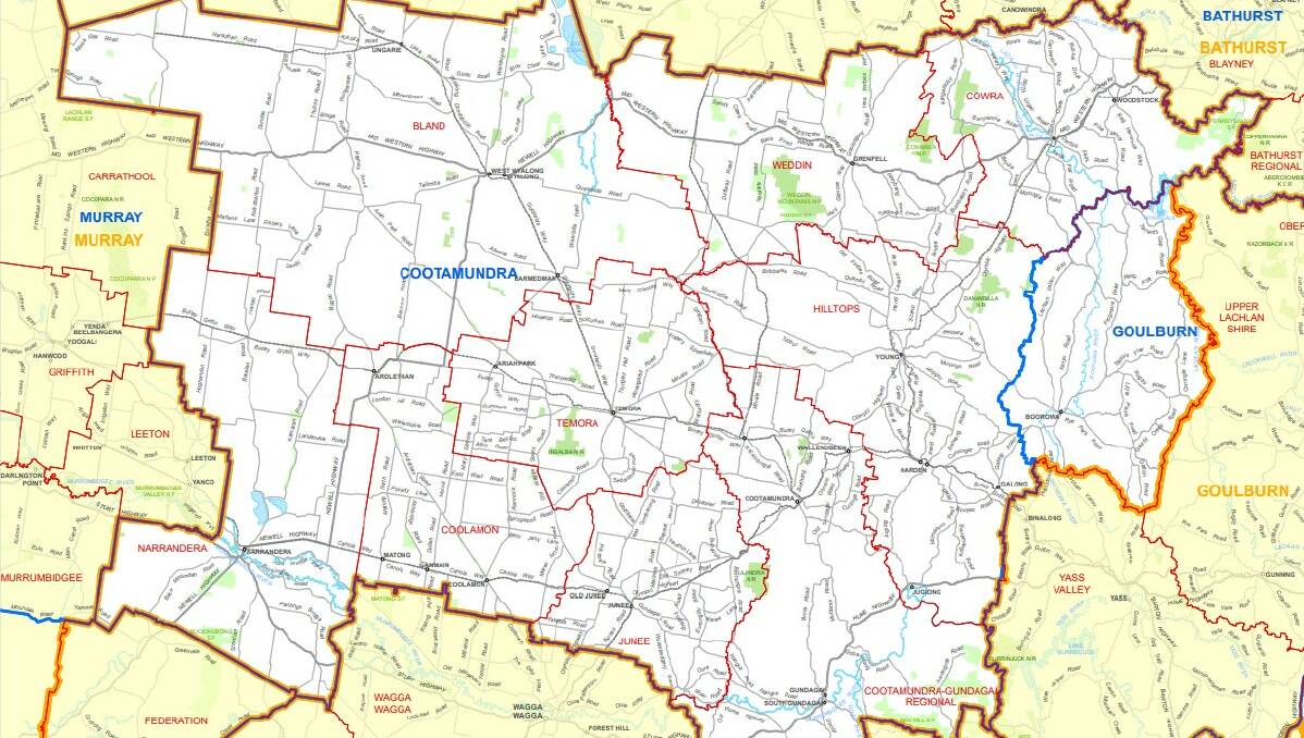 The proposed eastern boundaries of the Cootamundra electorate. Part of the Goulburn electorate (at right) surrounding Boorowa, has been included in the proposal.