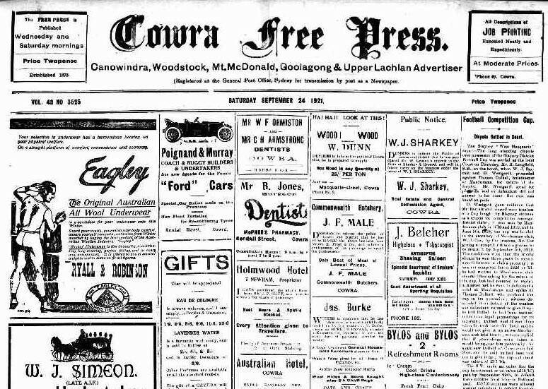 Yesterday today, from the pages of Cowra's history, September 1921