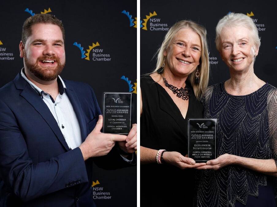 Cowra Business Chamber president Jordan Core (left) and Denise Makin and Jan Nilsen from the Cowra Grenfell Meals on Wheels service at the regional business awards.